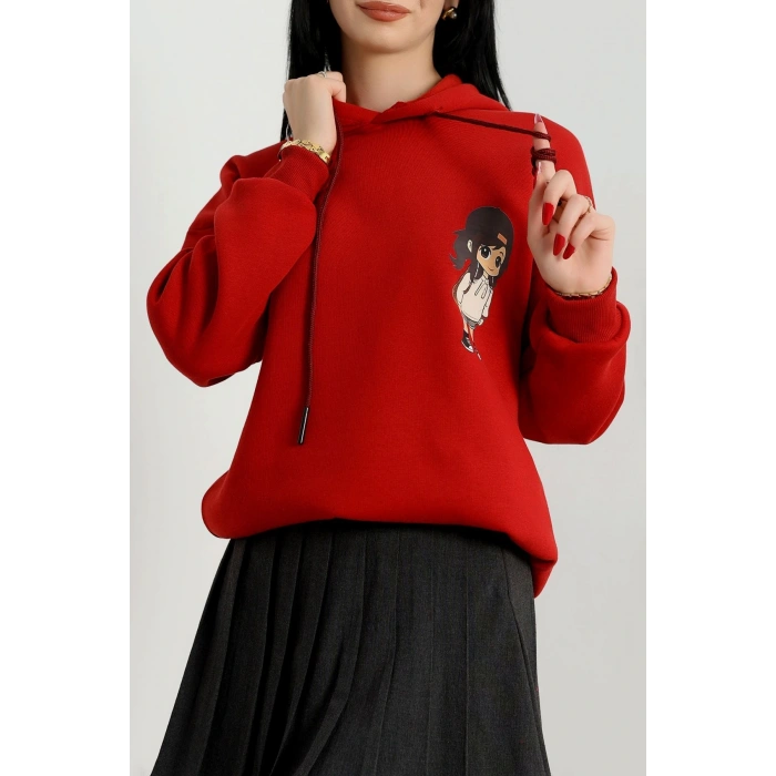 3 İplik Kapşonlu Baskılı Sweat Bordo - 42222.1878.