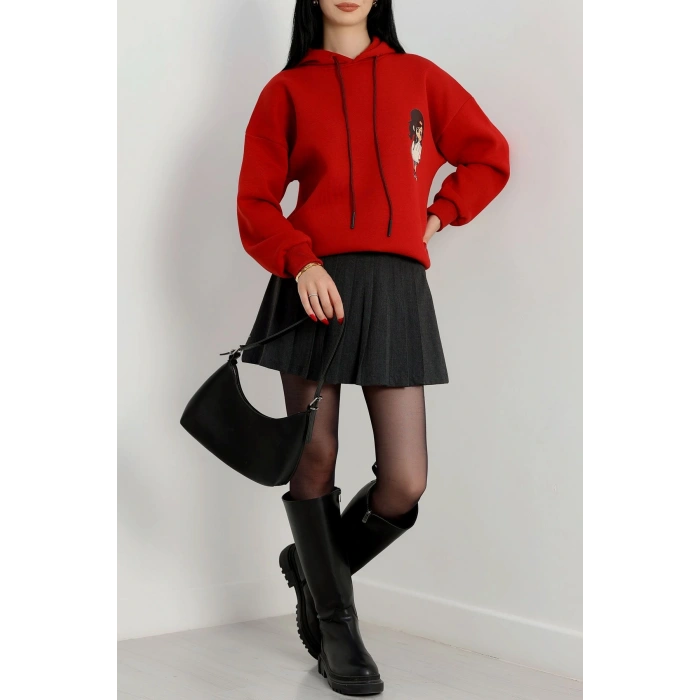 3 İplik Kapşonlu Baskılı Sweat Bordo - 42222.1878.