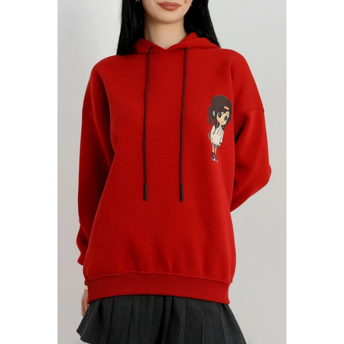 3 İplik Kapşonlu Baskılı Sweat Bordo - 42222.1878.