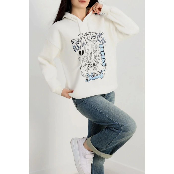 3 İplik Kapşonlu Baskılı Sweat Ekru - 42224.1878.