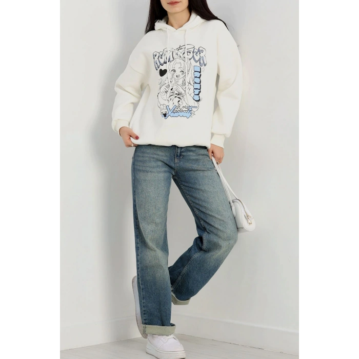 3 İplik Kapşonlu Baskılı Sweat Ekru - 42224.1878.