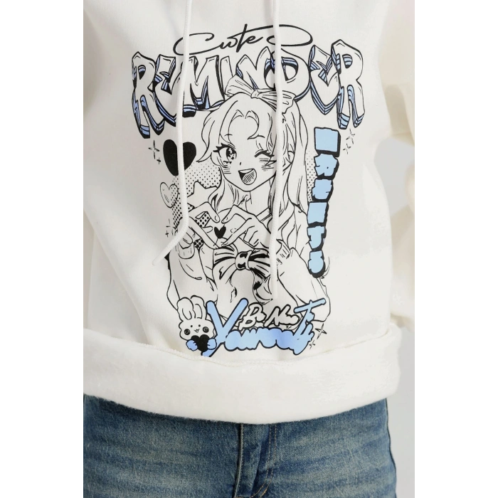 3 İplik Kapşonlu Baskılı Sweat Ekru - 42224.1878.