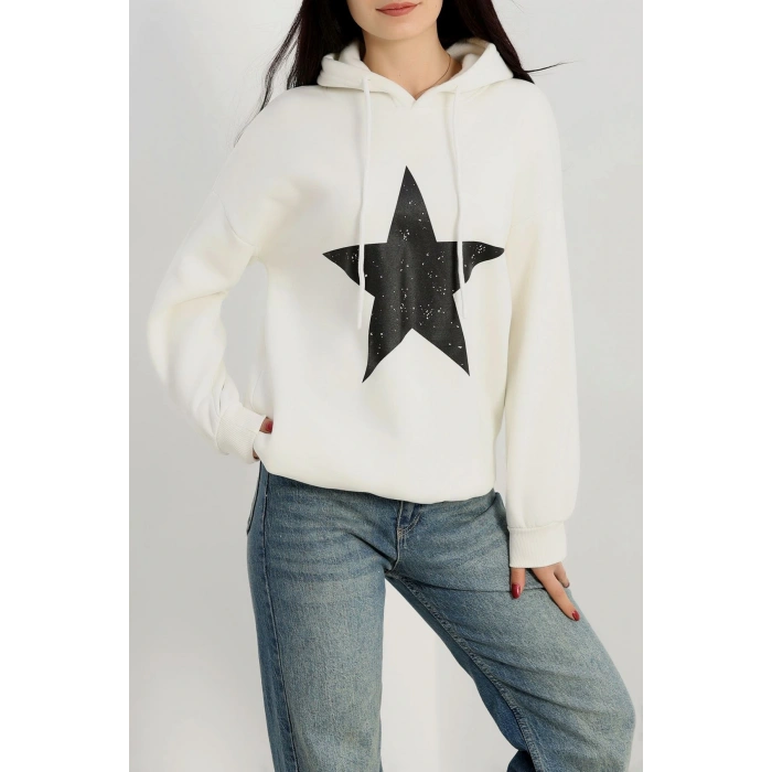 3 İplik Kapşonlu Baskılı Sweat Ekrusiyah - 42225.1878.