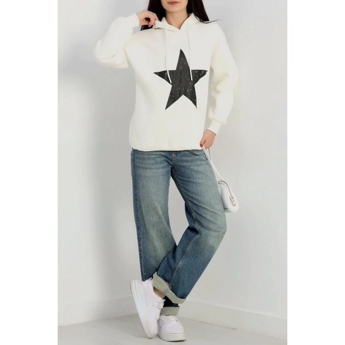 3 İplik Kapşonlu Baskılı Sweat Ekrusiyah - 42225.1878.