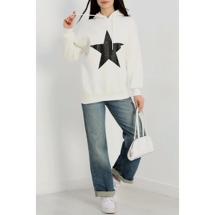 3 İplik Kapşonlu Baskılı Sweat Ekrusiyah - 42225.1878.