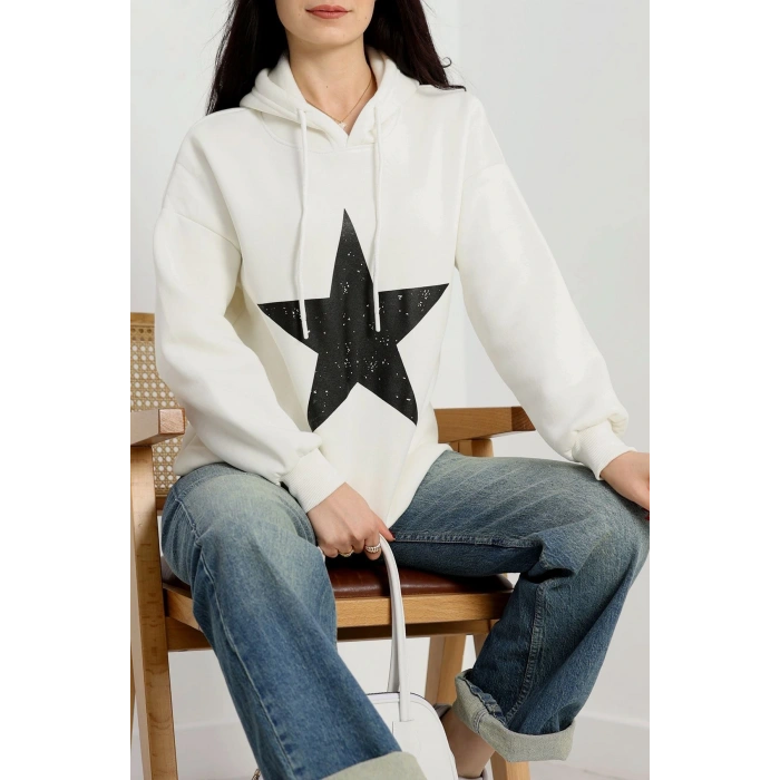 3 İplik Kapşonlu Baskılı Sweat Ekrusiyah - 42225.1878.