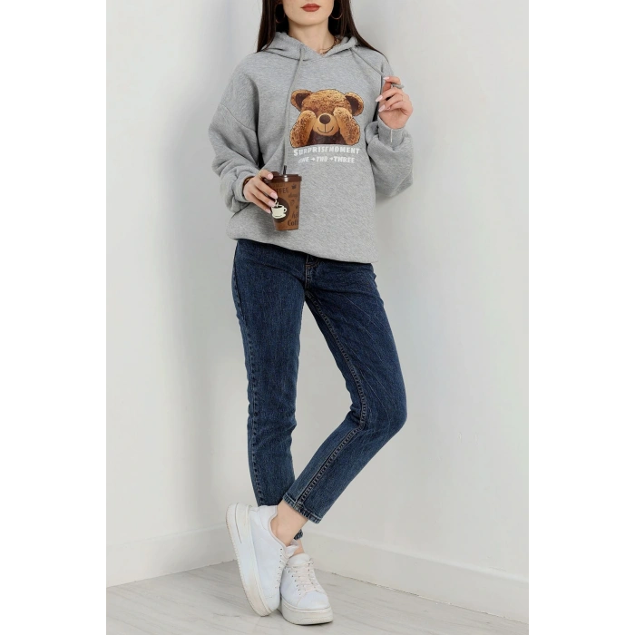 3 İplik Kapşonlu Baskılı Sweat Gri - 42220.1878.