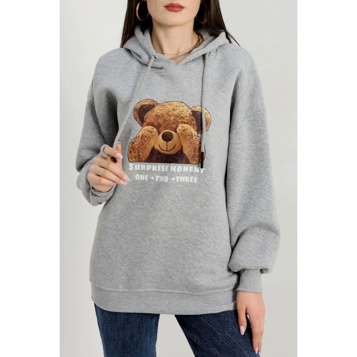 3 İplik Kapşonlu Baskılı Sweat Gri - 42220.1878.