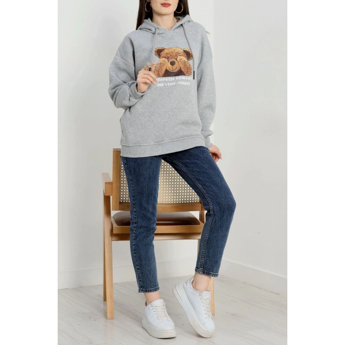 3 İplik Kapşonlu Baskılı Sweat Gri - 42220.1878.