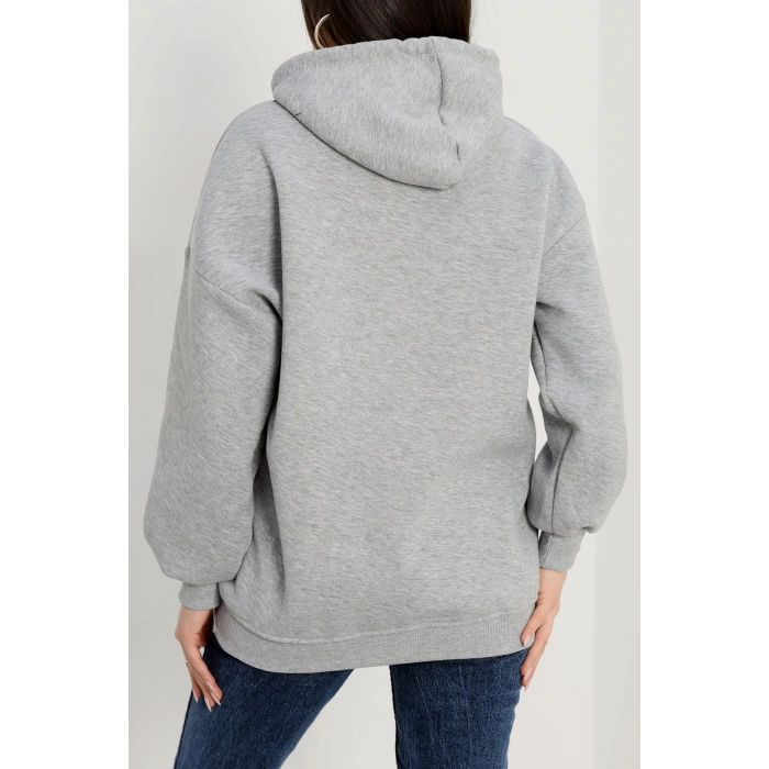 3 İplik Kapşonlu Baskılı Sweat Gri - 42220.1878.