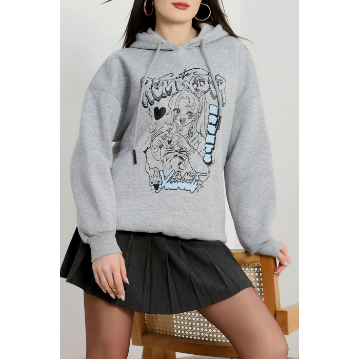 3 İplik Kapşonlu Baskılı Sweat Gri - 42224.1878.