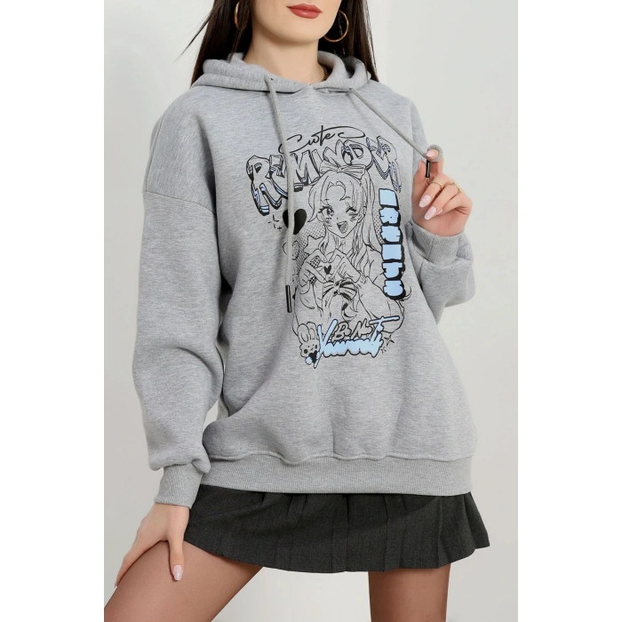 3 İplik Kapşonlu Baskılı Sweat Gri - 42224.1878.