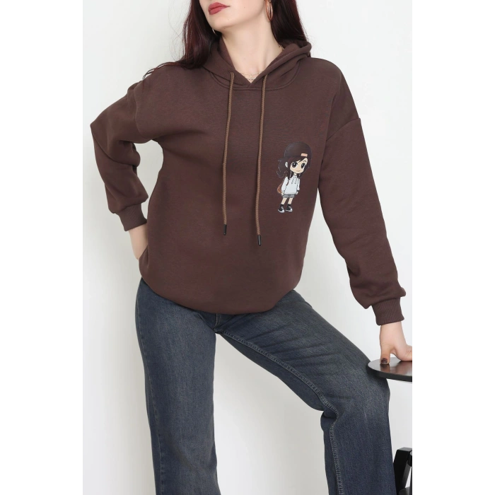 3 İplik Kapşonlu Baskılı Sweat Kahve - 42222.1878.