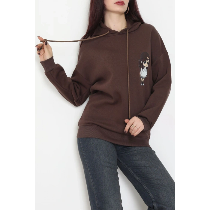 3 İplik Kapşonlu Baskılı Sweat Kahve - 42222.1878.