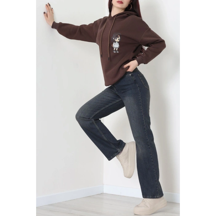 3 İplik Kapşonlu Baskılı Sweat Kahve - 42222.1878.