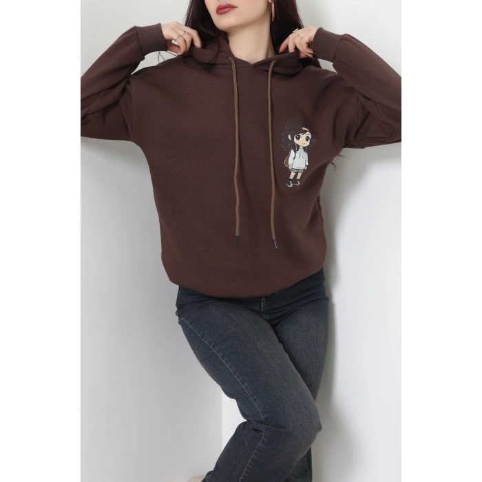 3 İplik Kapşonlu Baskılı Sweat Kahve - 42222.1878.