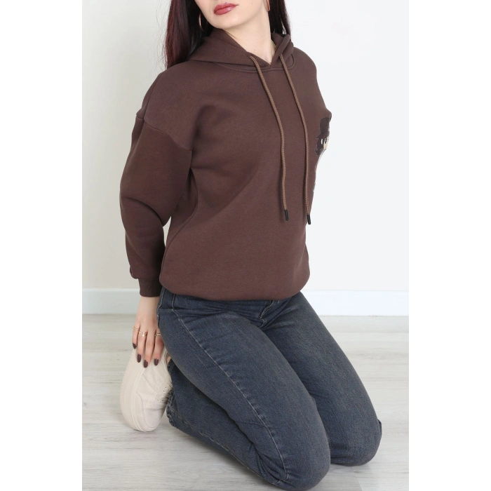 3 İplik Kapşonlu Baskılı Sweat Kahve - 42222.1878.