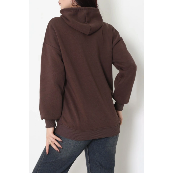 3 İplik Kapşonlu Baskılı Sweat Kahve - 42222.1878.