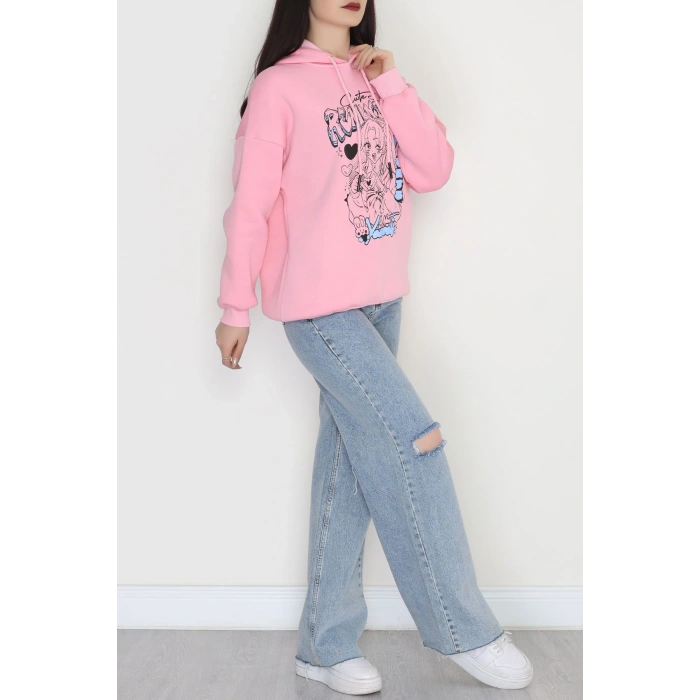3 İplik Kapşonlu Baskılı Sweat Pembe - 42224.1878.
