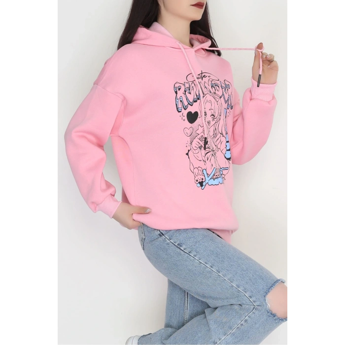 3 İplik Kapşonlu Baskılı Sweat Pembe - 42224.1878.