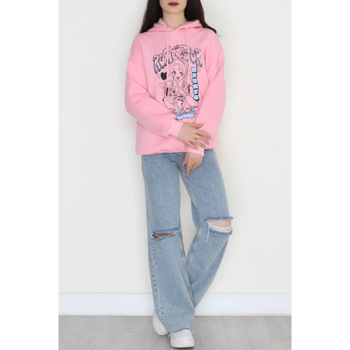 3 İplik Kapşonlu Baskılı Sweat Pembe - 42224.1878.