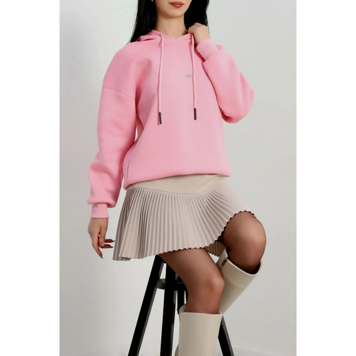 3 İplik Kapşonlu Baskılı Sweat Pembe - 42232.1878.