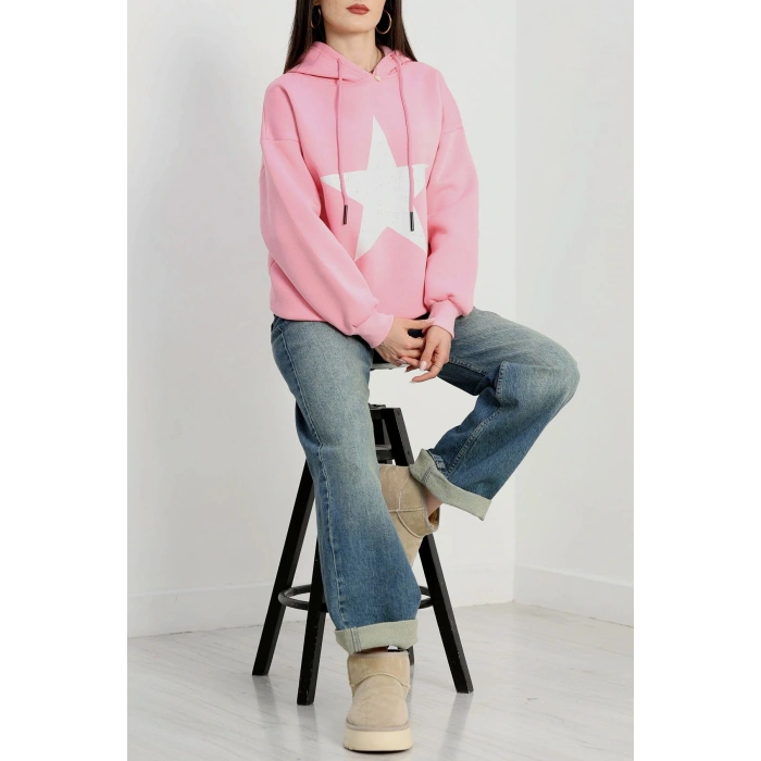 3 İplik Kapşonlu Baskılı Sweat Pembeekru - 42225.1878.