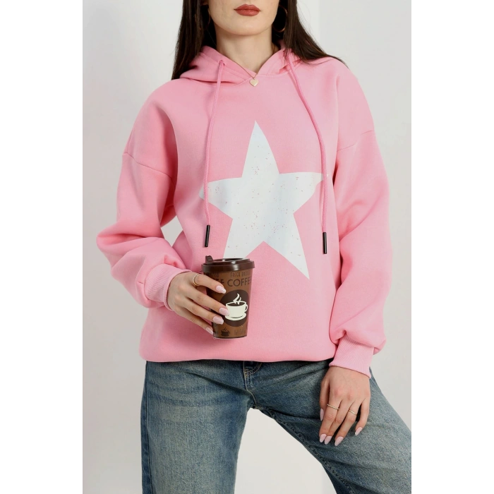 3 İplik Kapşonlu Baskılı Sweat Pembeekru - 42225.1878.