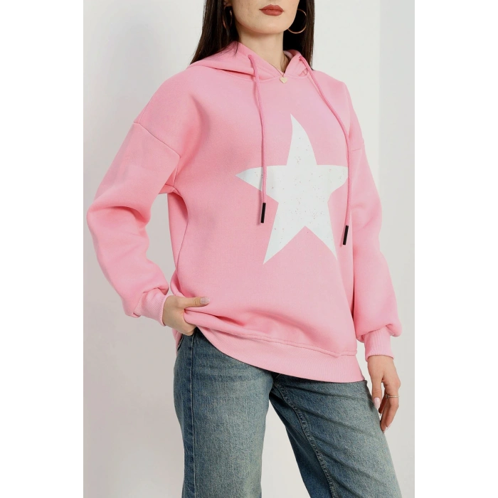 3 İplik Kapşonlu Baskılı Sweat Pembeekru - 42225.1878.