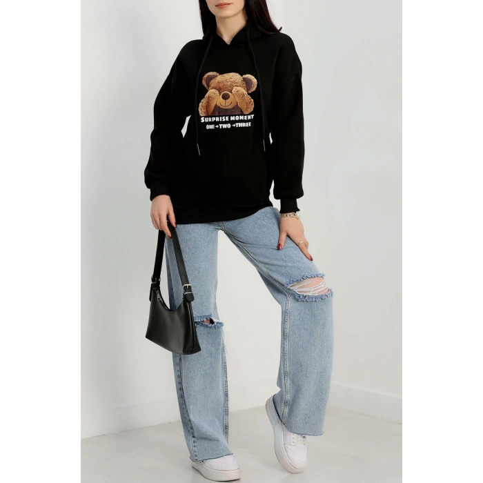 3 İplik Kapşonlu Baskılı Sweat Siyah - 42220.1878.