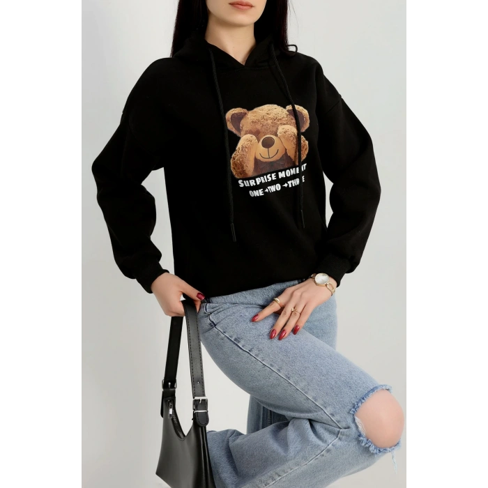 3 İplik Kapşonlu Baskılı Sweat Siyah - 42220.1878.