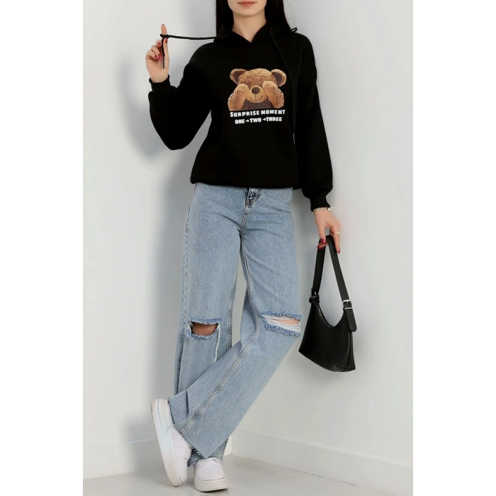 3 İplik Kapşonlu Baskılı Sweat Siyah - 42220.1878.