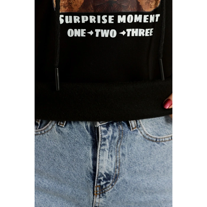 3 İplik Kapşonlu Baskılı Sweat Siyah - 42220.1878.