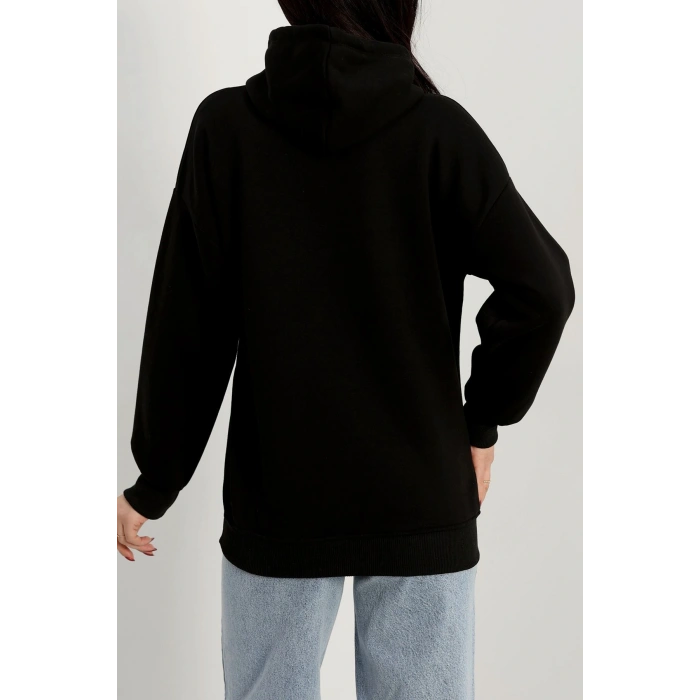 3 İplik Kapşonlu Baskılı Sweat Siyah - 42220.1878.