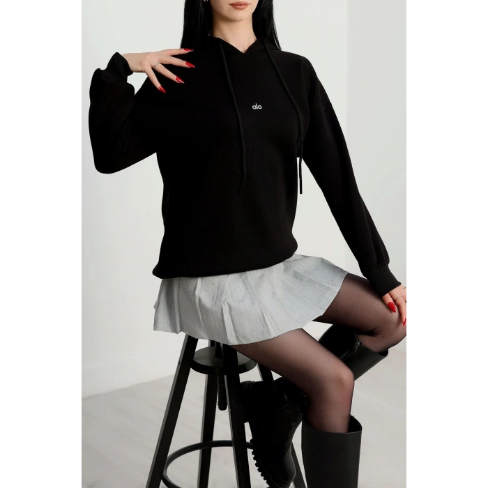 3 İplik Kapşonlu Baskılı Sweat Siyah - 42232.1878.