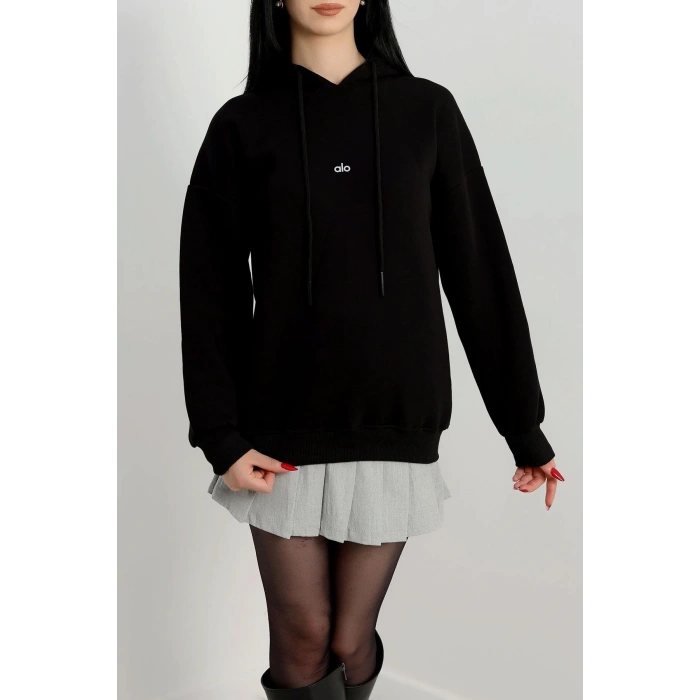 3 İplik Kapşonlu Baskılı Sweat Siyah - 42232.1878.