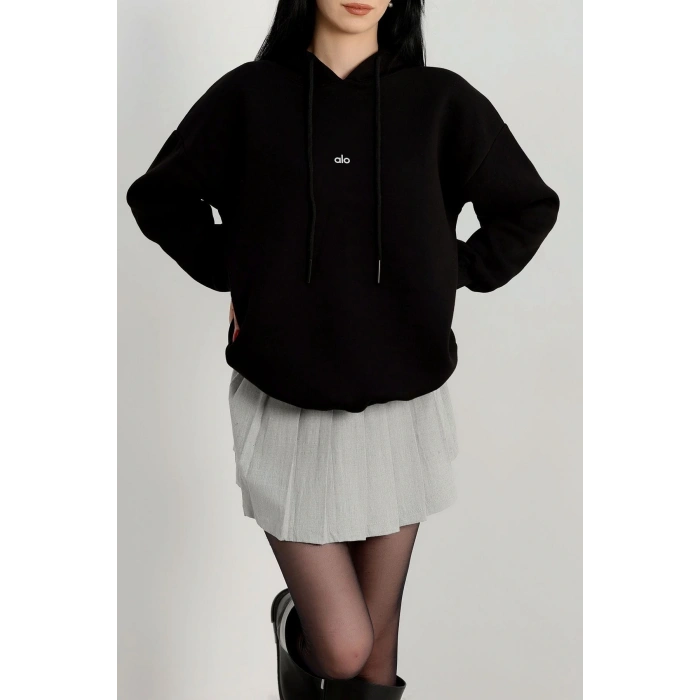 3 İplik Kapşonlu Baskılı Sweat Siyah - 42232.1878.