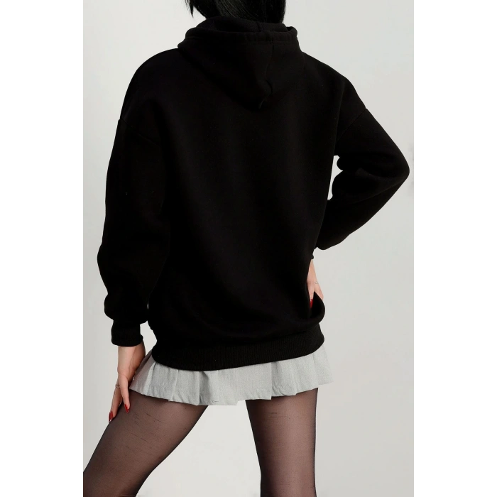 3 İplik Kapşonlu Baskılı Sweat Siyah - 42232.1878.