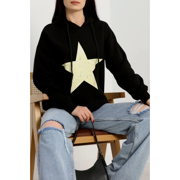 3 İplik Kapşonlu Baskılı Sweat Siyahbej - 42225.1878.