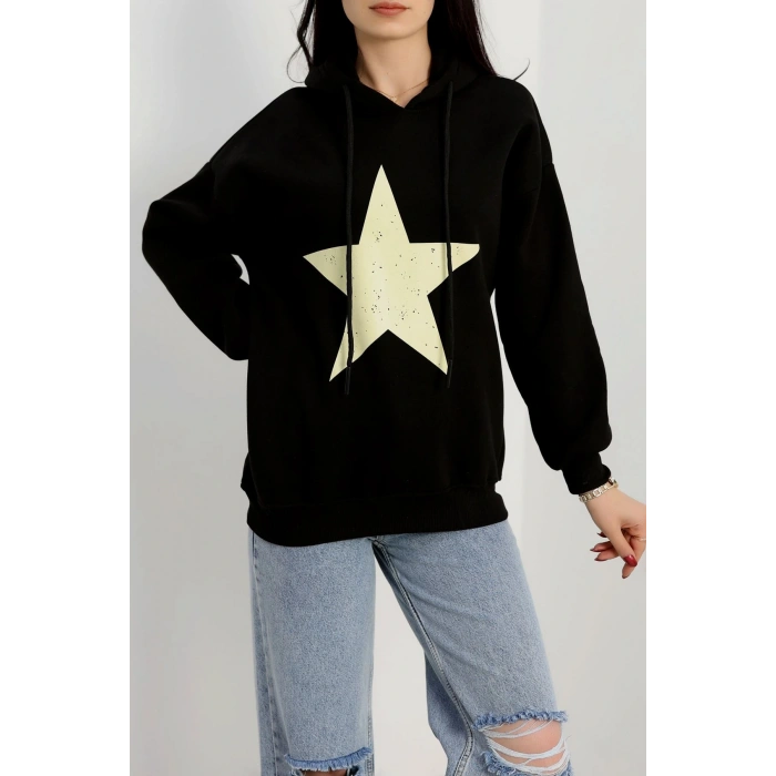 3 İplik Kapşonlu Baskılı Sweat Siyahbej - 42225.1878.