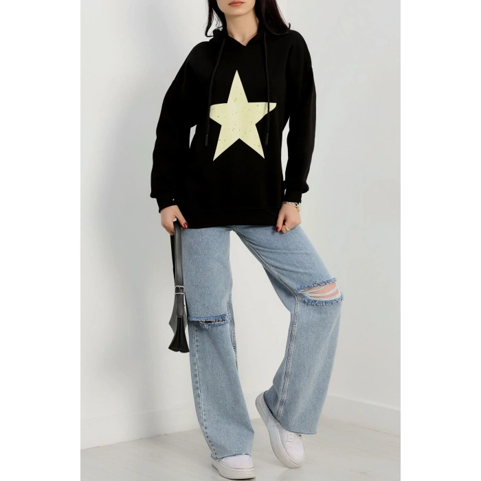 3 İplik Kapşonlu Baskılı Sweat Siyahbej - 42225.1878.