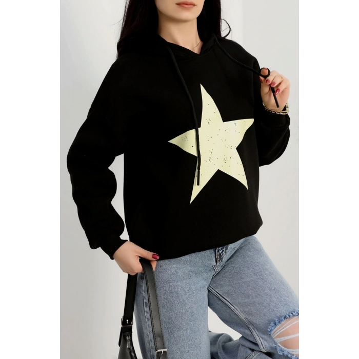 3 İplik Kapşonlu Baskılı Sweat Siyahbej - 42225.1878.