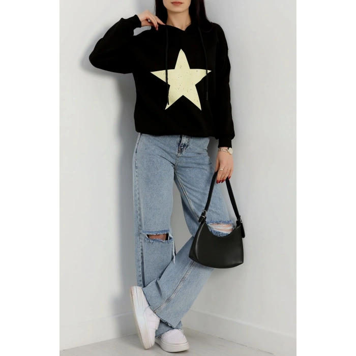 3 İplik Kapşonlu Baskılı Sweat Siyahbej - 42225.1878.