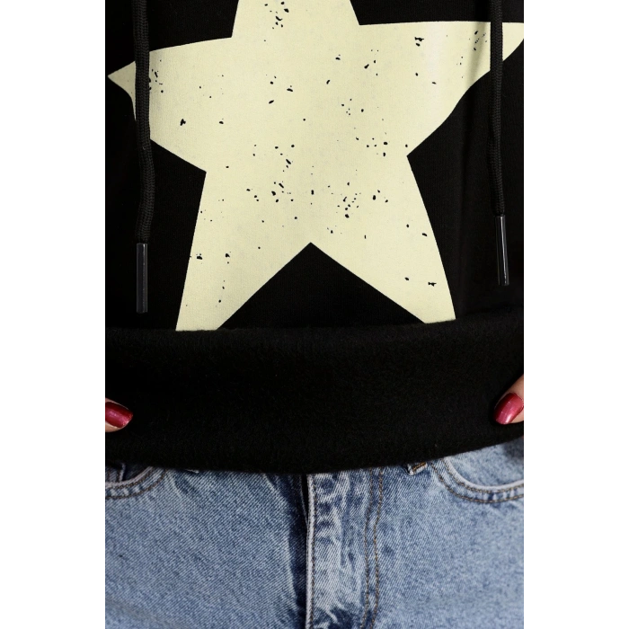 3 İplik Kapşonlu Baskılı Sweat Siyahbej - 42225.1878.