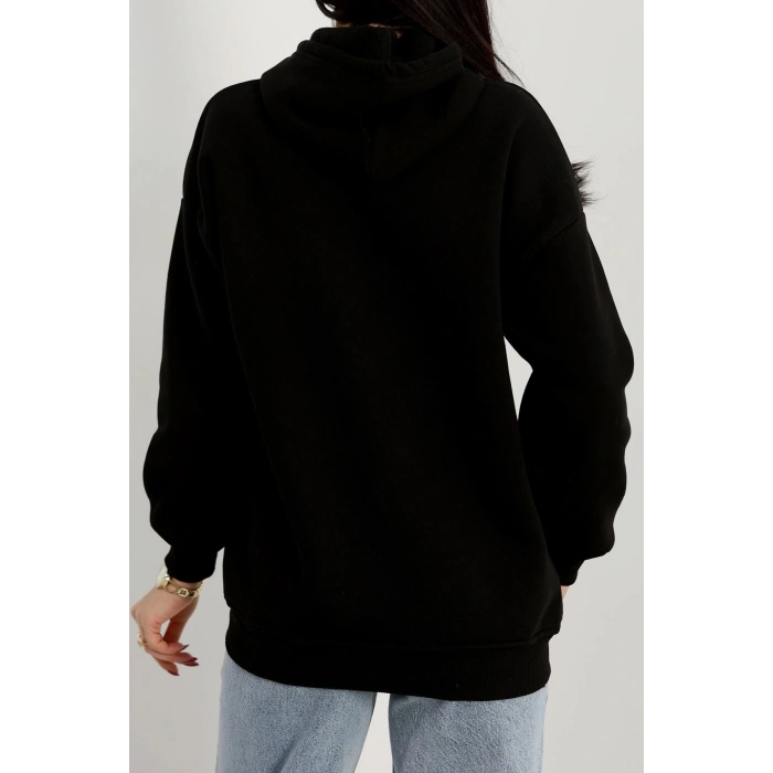 3 İplik Kapşonlu Baskılı Sweat Siyahbej - 42225.1878.