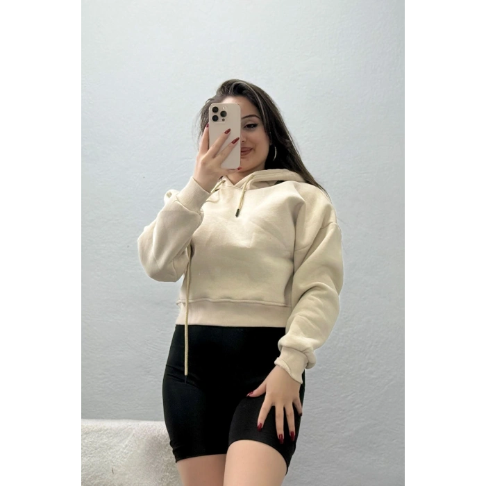 3 İplik Kapşonlu Crop Sweat Bej - 20959.1878.