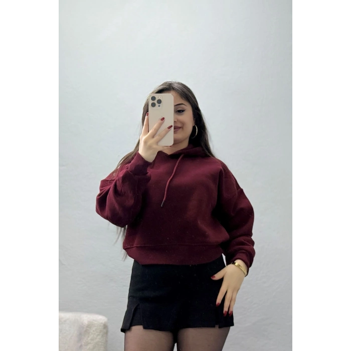 3 İplik Kapşonlu Crop Sweat Bordo - 20959.1878.