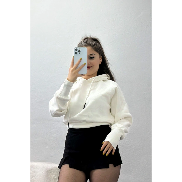 3 İplik Kapşonlu Crop Sweat Ekru - 20967.1878.