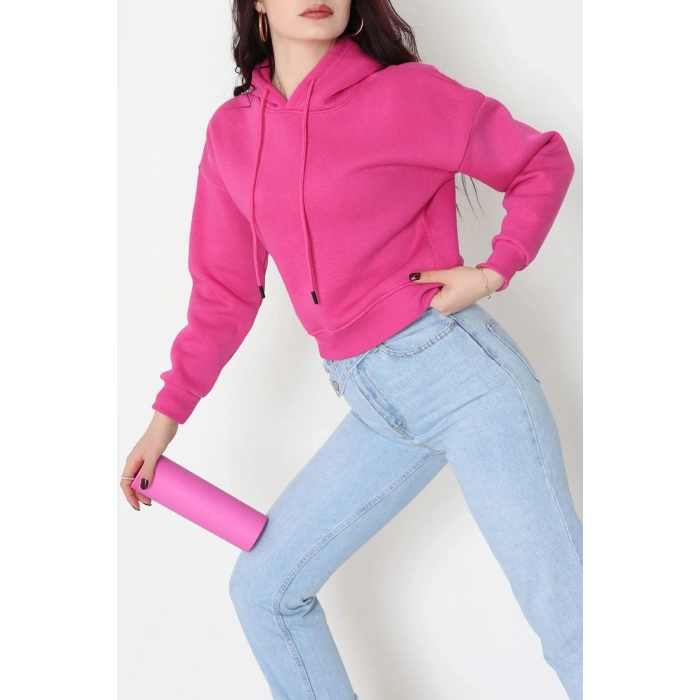 3 İplik Kapşonlu Crop Sweat Fuşya - 20959.1878.