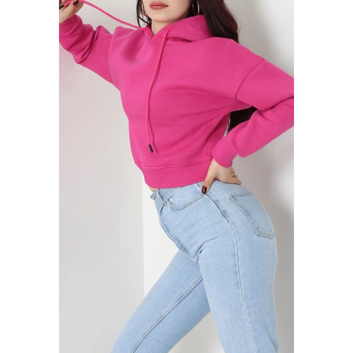 3 İplik Kapşonlu Crop Sweat Fuşya - 20959.1878.